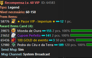 Recompensas do Passe VIP no nível 60