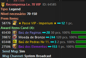 Recompensas do Passe VIP no nível 70